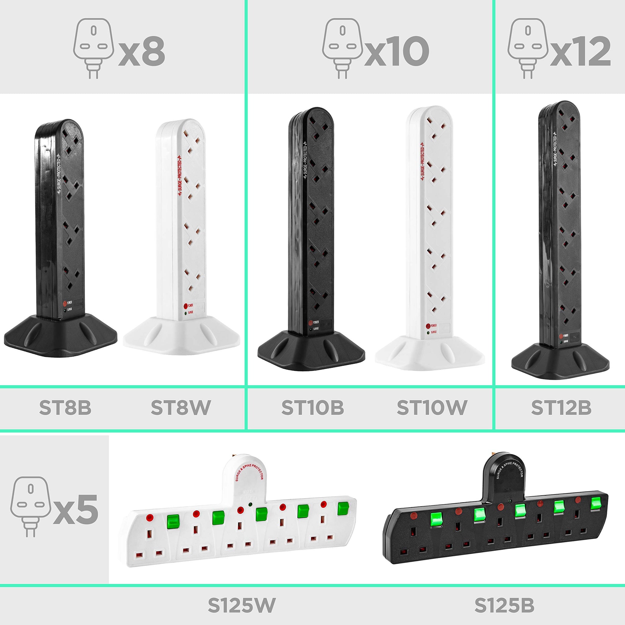 Duronic Surge Protected Extension Lead ST10W Tower Extension Leads 10 Way Multiplug Adapter Cord for UK Plugs White Surge Spike Protection Lead Long White Power Cords Multi Outlet Plug Strip Socket