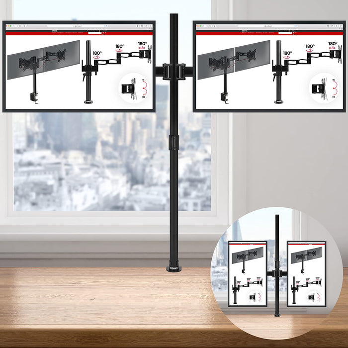 Duronic Dual Monitor Arm Stand DMT252, PC Desk Mount, Extra Tall 100cm Pole, For Two 13-27 LED LCD Screens, VESA 75/100, 8kg/17.6lb Capacity, Tilt 90°/35°,Swivel 180°,Rotate 360°