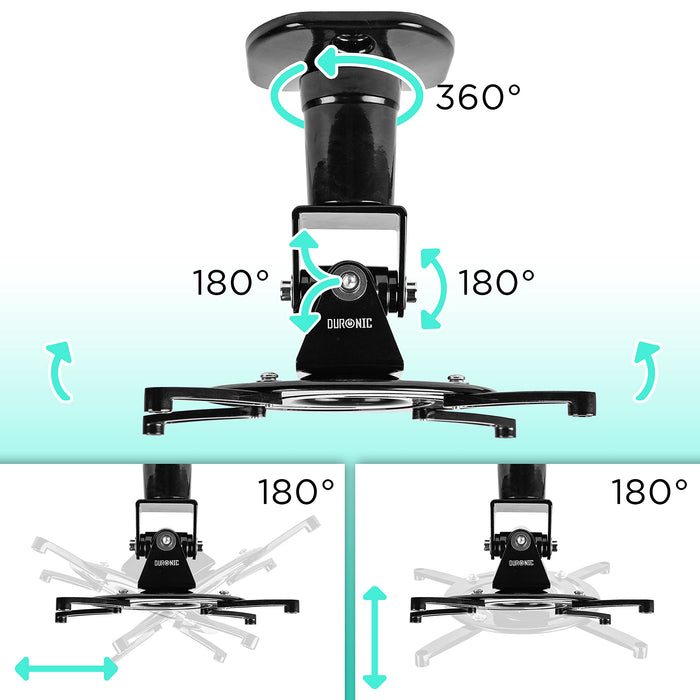 Duronic Projector Mount Stand for Ceiling or Wall Bracket PB01XB | 10kg Capacity | Universal Adjustable Clamp | Tile Swivel Rotate | Black