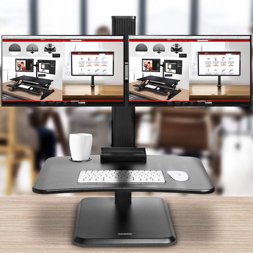 Duronic Sit-Stand Desk DM05D15 | Height Adjustable Office Workstation | 65x35cm Platform | Raises 7-44cm | Riser for PC Computer Screen and Keyboard | Ergonomic Desktop Converter with 2x Screen Mounts