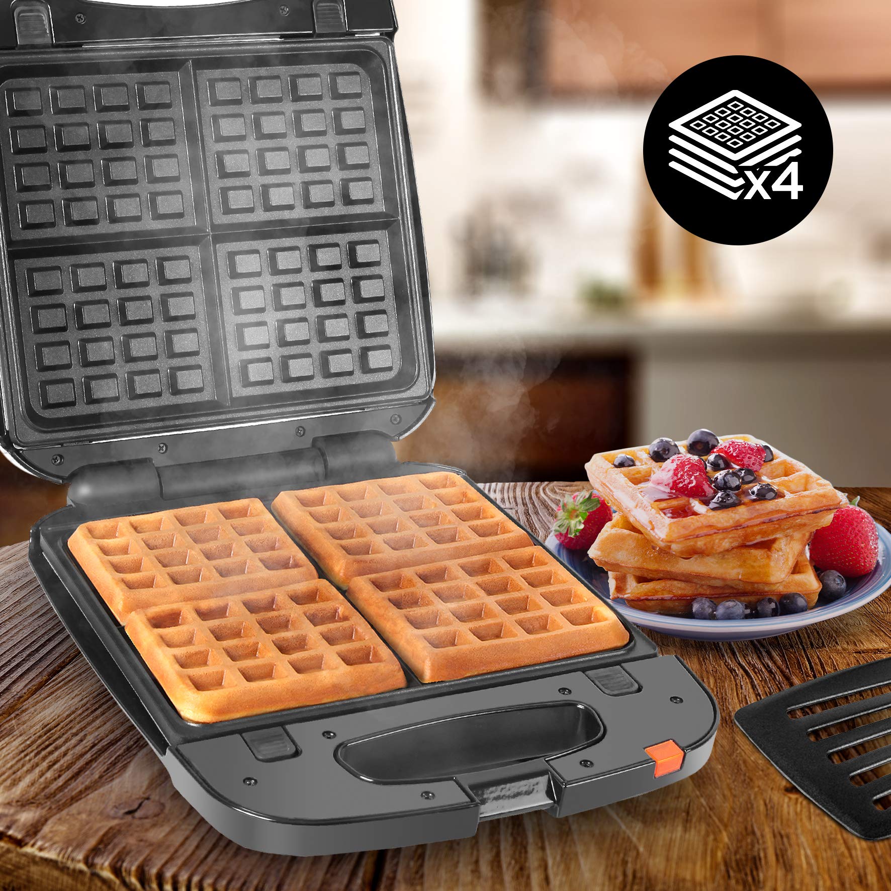 Duronic Waffle Maker WM60 Non Stick Waffle Iron 4 Square Belgian Waffle Makers with Removable Plates Waffle Machine for Croffles & American Style Waffles