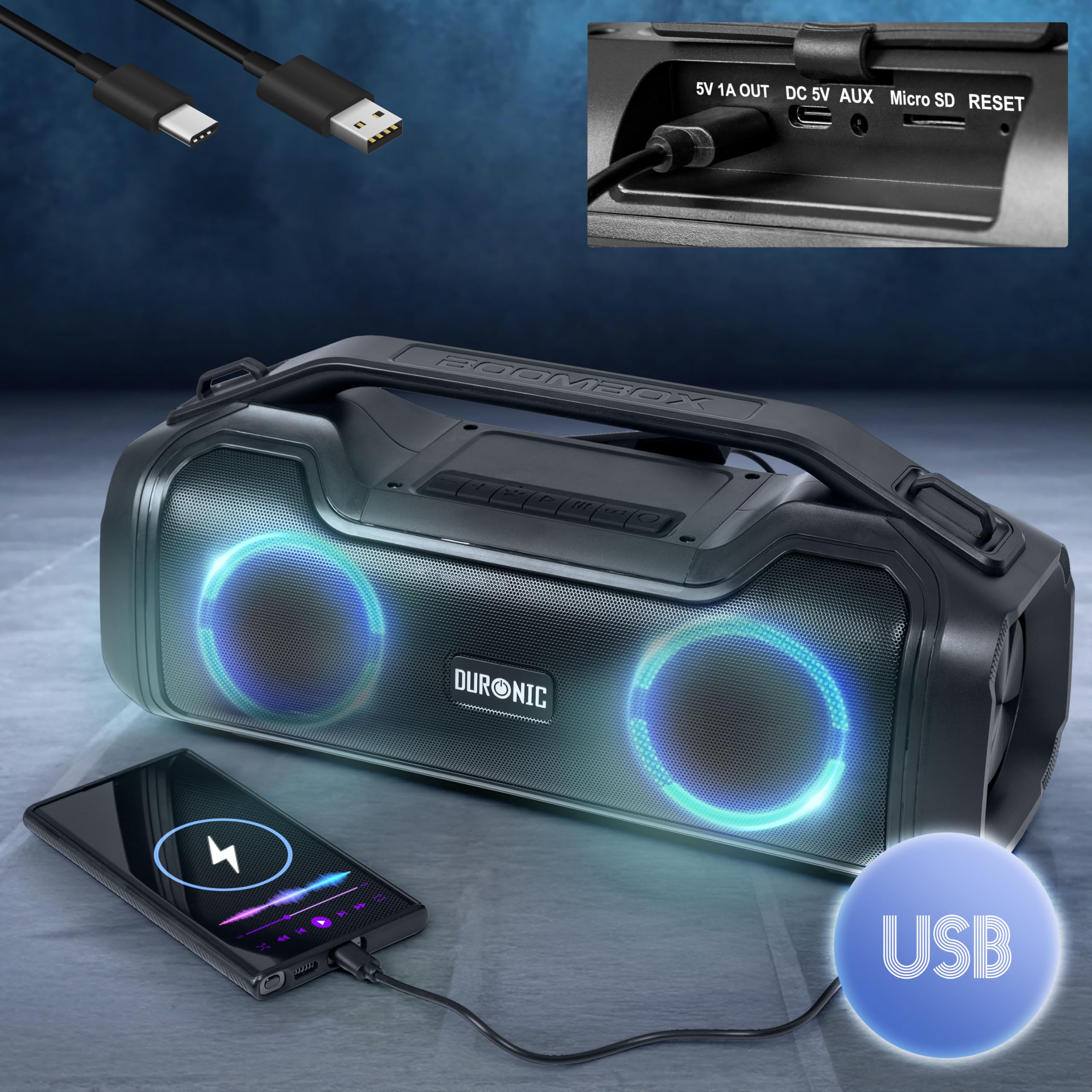 Duronic Portable Bluetooth Speaker BX48 Wireless Boombox with RGB Lights, IPX5 Waterproof Rating, 80W Peak Extreme Sound, 4.5-Hour Playtime, AUX/USB Compatible
