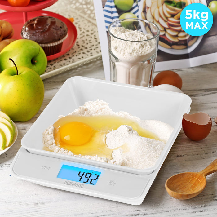 Duronic Kitchen Scales with Bowl KS100 WH for Baking Postal Parcel Weigh | White Design with 1.2L Bowl | 5kg Capacity | Tare | 1g Precision