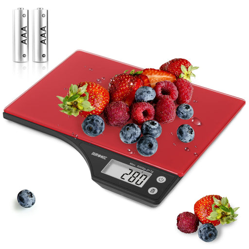 Duronic Kitchen Scales KS350 for Baking Postal Parcel Weigh Red Digital Design with Glass Platform | 5kg Capacity | Add & Weigh Tare | 1g Precision