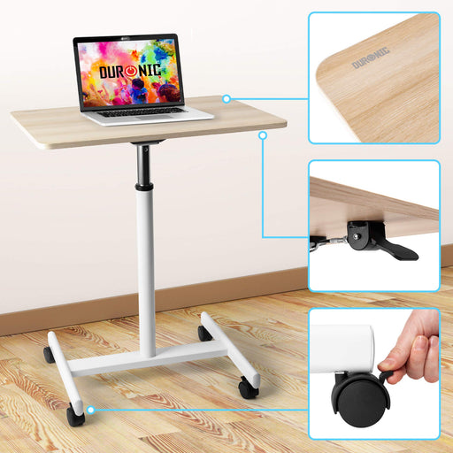 Duronic Sit-Stand Desk WPS67 | Brown/White Ergonomic Desk | Multi-Use Video Projector Table on Wheels | 70x48cm Platform | Portable | Adjustable Height | 30kg Capacity | For Home/Office/Workspace