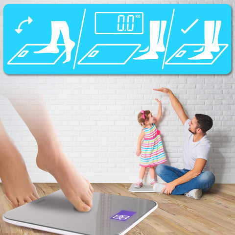 Duronic Digital Bathroom Body Scales showing correct stepping technique alongside a family using the scale together.