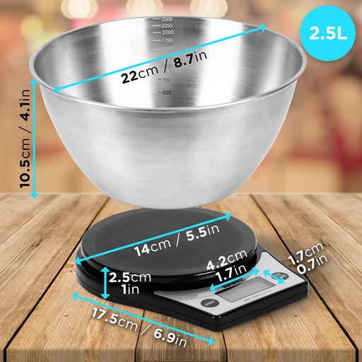 Duronic Digital Kitchen Scales KS6000 BK/SS | Black Design with 2.5L Steel Bowl | 5kg Capacity | LCD Backlit Display | Add & Weigh Tare | 0.1g Precision | Measure Ingredients for Cooking & Baking