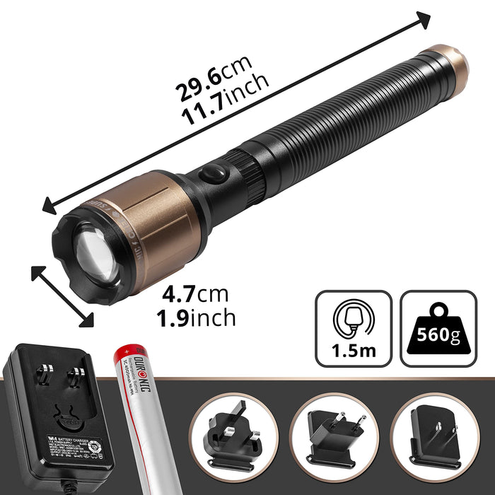 Duronic Rechargeable LED Torch RFL903C | CREE Bulb Flashlight | 800 Lumens | 230 Metre Range | Water-Resistant | Adjustable Beam | Charger Cable with UK, EU & US Plug Adapters | 4000mAh Battery