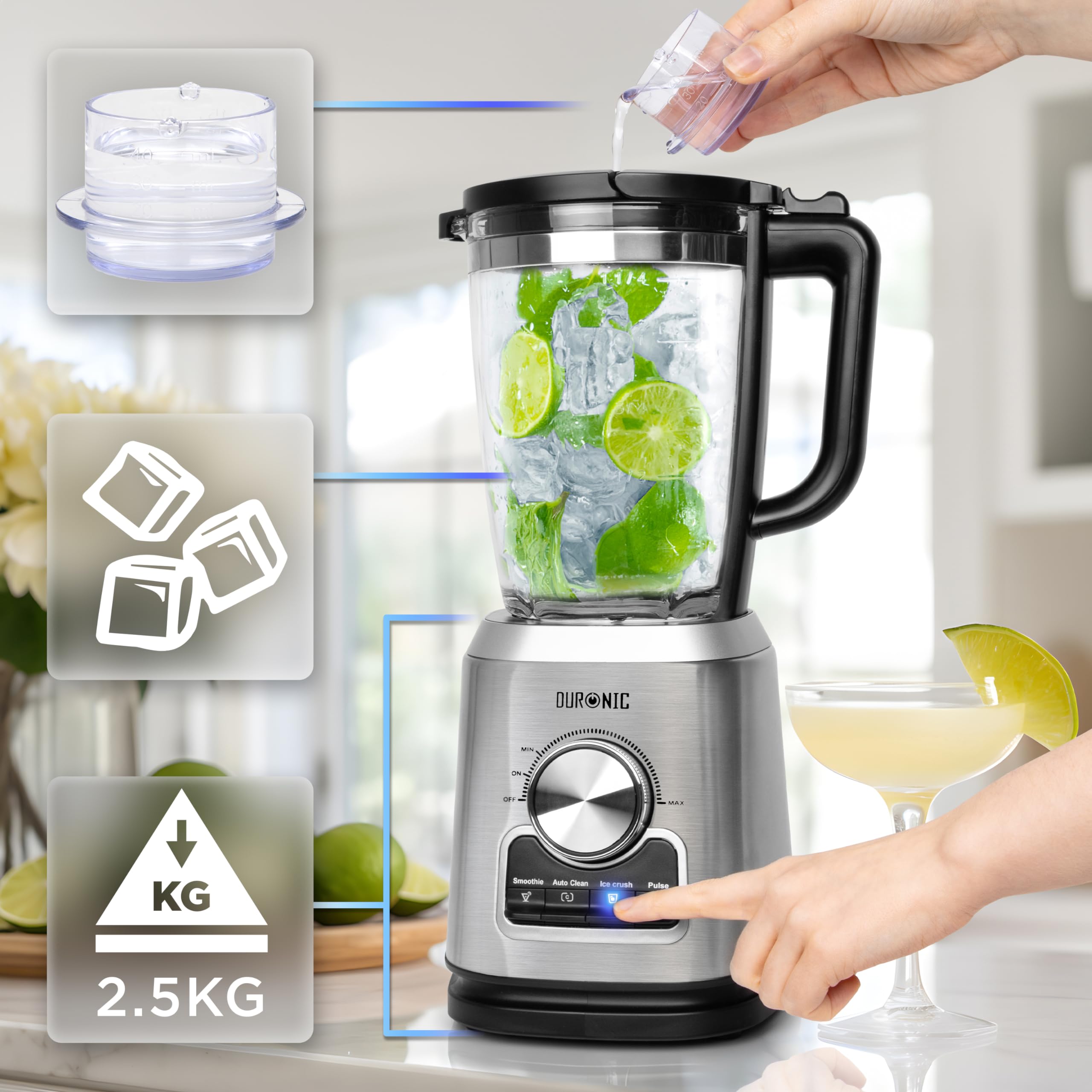 Duronic Jug Blender BL114 with Grinder 1.75L Glass Table Jug, 1400W Stainless Steel Mini Blender with 6 sided Blades, with Pre-Set Functions, Ideal for Baby food, Soups and Protein Shakes