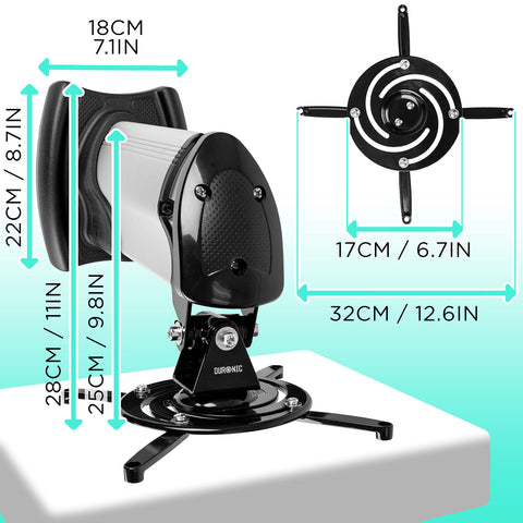 Duronic Projector Mount PB10XM (silver) | Extendable Telescopic Bracket Arm Fixing for Wall | 15kg Capacity | Multi-Fit Projector Bracket | Heavy Duty | Fittings Included | Rotate 360 °, Swivel 180 °, Tilt 60°