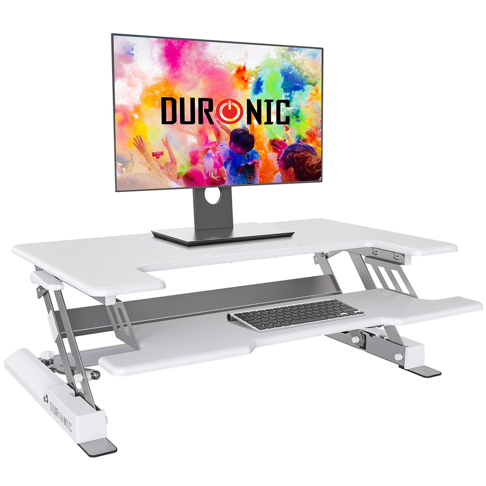 Duronic Sit-Stand Desk DM05D1 WE [WHITE] | Height Adjustable Office Workstation | 92x56cm Platform | Raises 16.5-41.5cm | PC Computer Screen, Keyboard, Laptop Riser | Ergonomic Desktop Table Converter