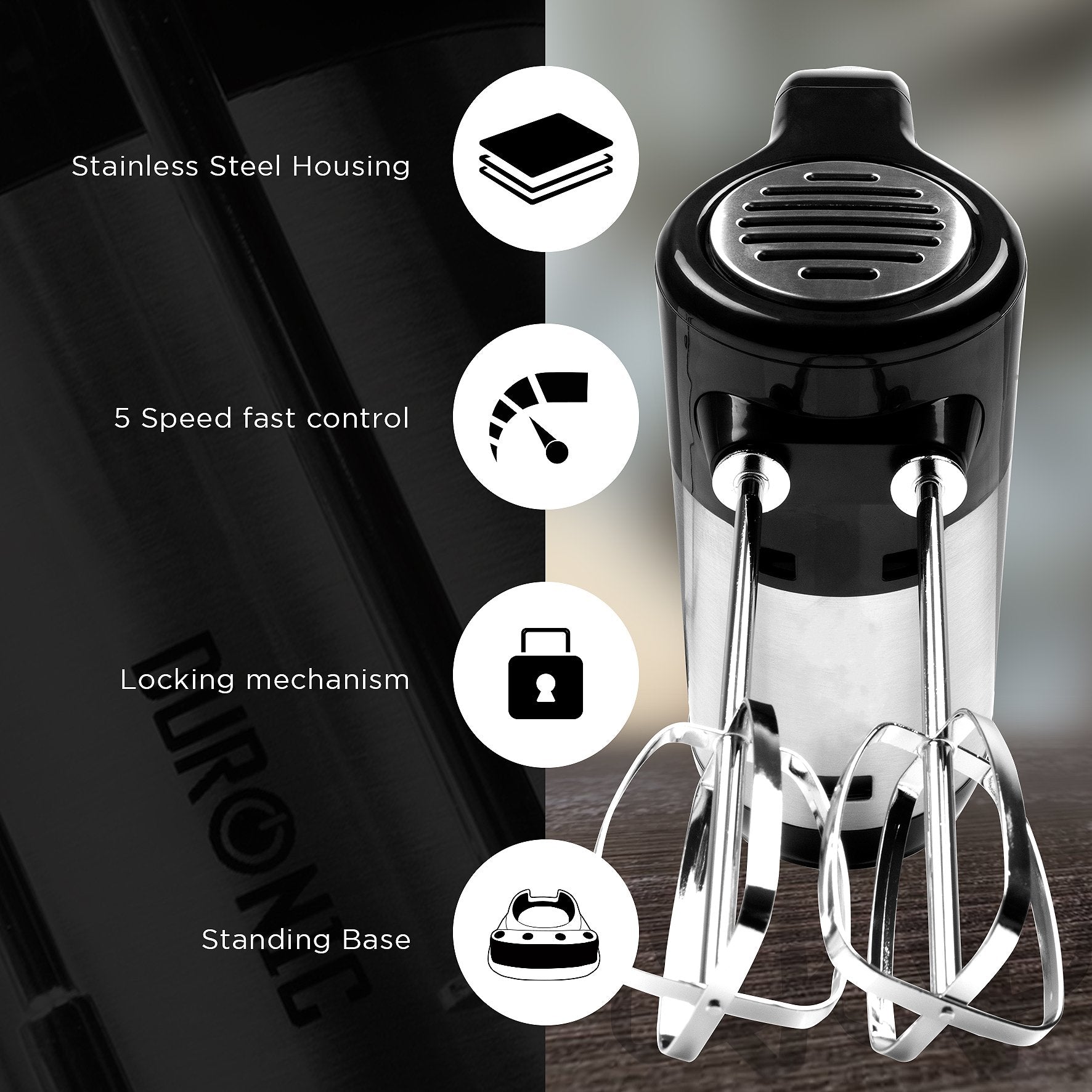Duronic Electric Hand Mixer HM3 BK Kitchen Handheld Food Mixers for Baking Dough, Bread, Eggs, Cake Mix, Cream, Hand Held Brownie Maker Mixer with 5 Speed Turbo Boost Whisker Hooks Beaters 300W - Black