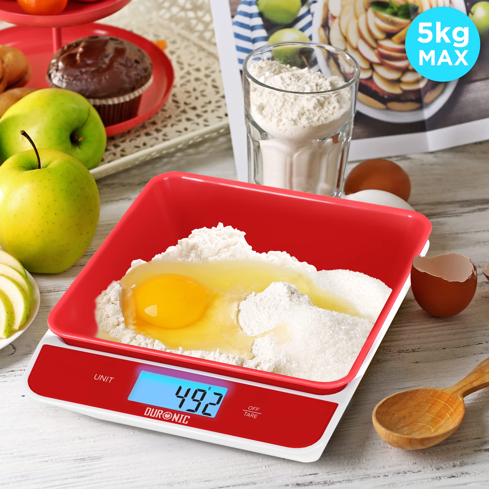 Duronic Kitchen Scales with Bowl KS100 RD for Baking Postal Parcel Weigh | Red Design with 1.2L Bowl | 5kg Capacity | Tare | 1g Precision