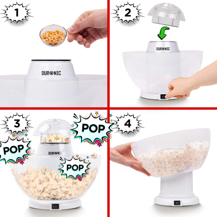 Duronic Popcorn Maker POP50-WE | Hot Air Corn Popper | Make Homemade Healthy Oil-Free Popcorn | Low Calorie Snacking | Comes with Measuring Cup and Serving Bowl | 1200W | White, Plastic