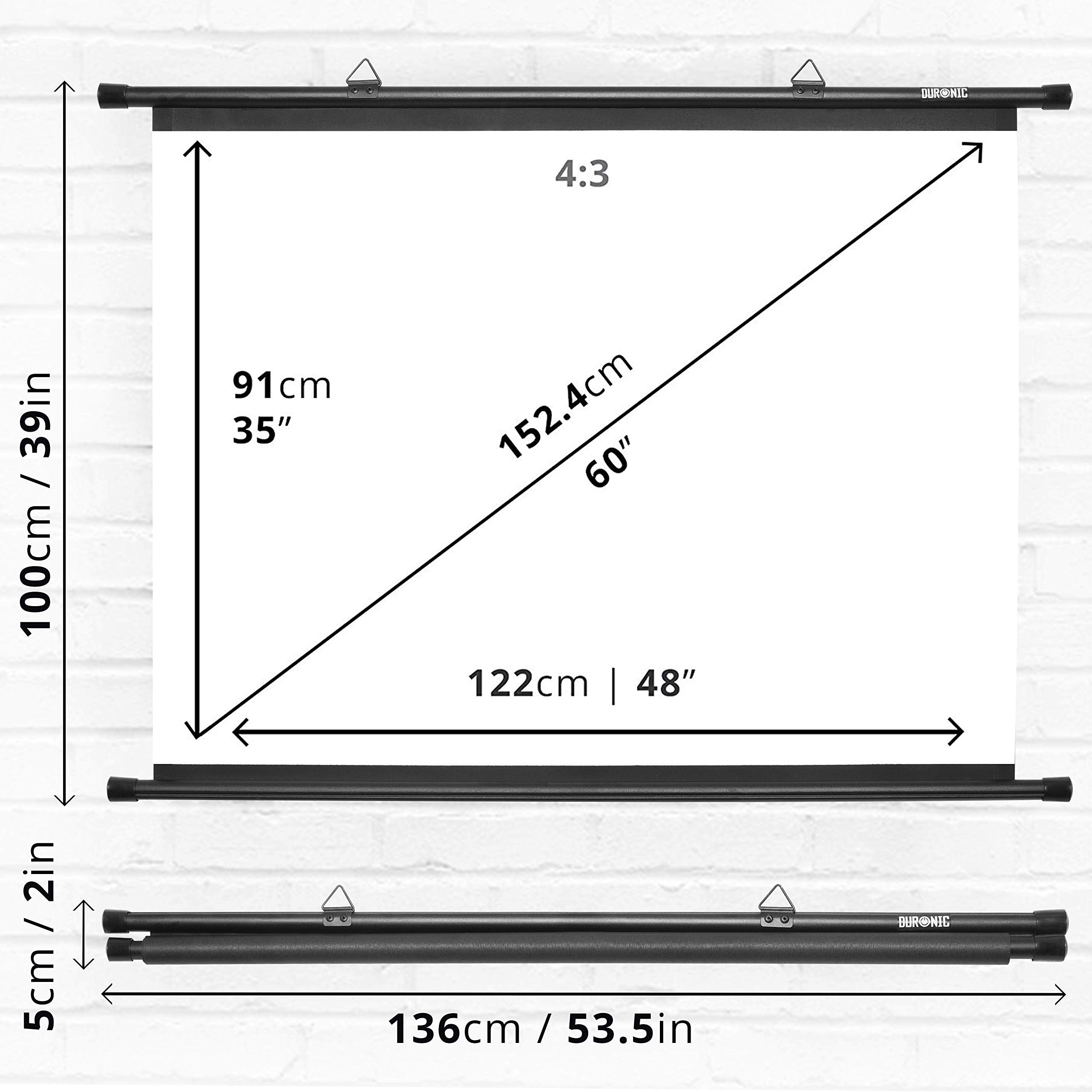 Duronic Projector Screen BPS60/43 Bar Mount 60 Inch White Projection Screens Wall or Ceiling Mountable with Hooks 4:3 for School Office Home Cinema