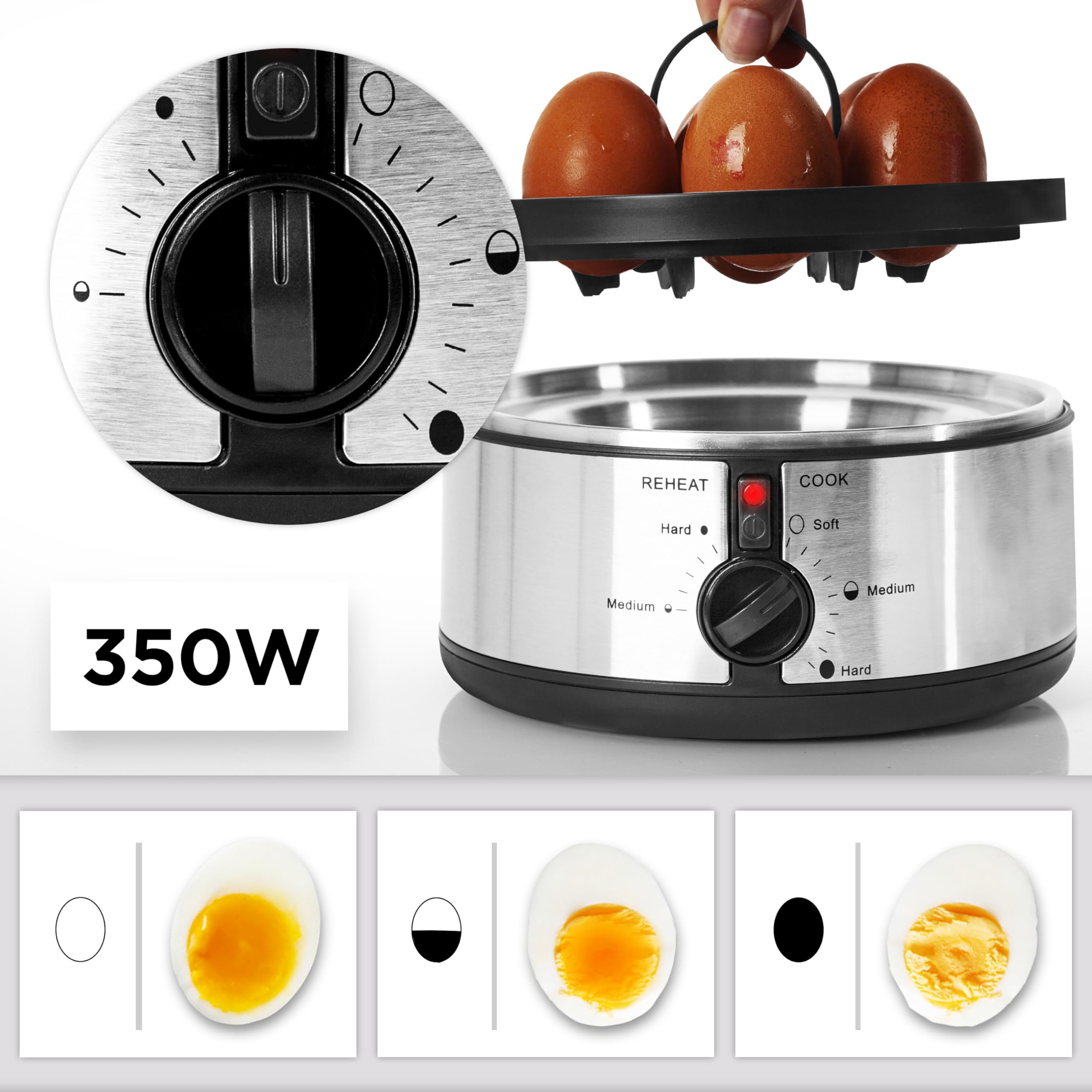 Duronic 7 Egg Boiler EB35 BK, Egg Cooker with Buzzer, Egg Steamer makes Soft | Medium | Hard Boiled Eggs Alarm Timer Settings, Includes Egg Piercer & Measuring Water Cup, 350W - Black