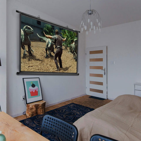 Duronic projector screen with colourful design and people in the background wall and ceiling mountable mount