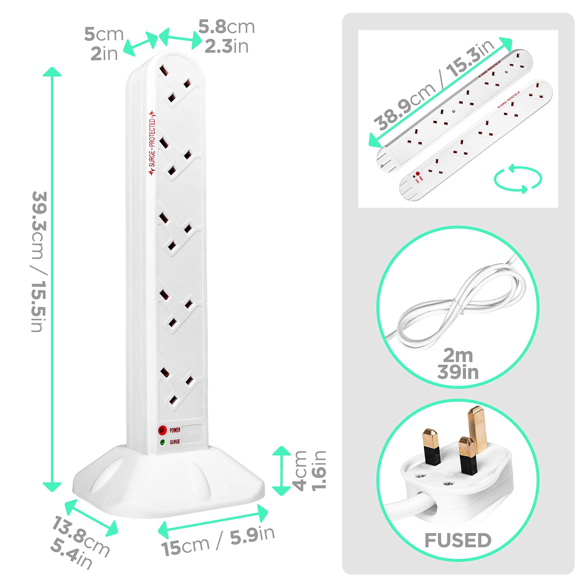 Duronic Surge Protected Extension Lead ST10W Tower Extension Leads 10 Way Multiplug Adapter Cord for UK Plugs White Surge Spike Protection Lead Long White Power Cords Multi Outlet Plug Strip Socket