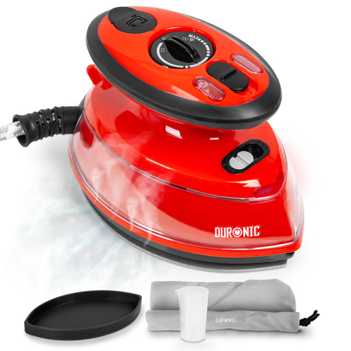 Duronic Travel Iron SI3 RD 400W Mini Irons with Dual Voltage, Variable Temperature & Auto Shut Off Portable 35ml Red Steam Iron for Holiday Quilting Crafts Compact Design for Travelling