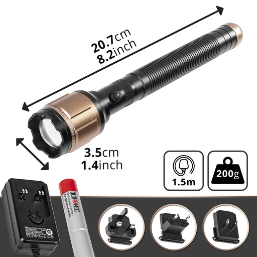 Duronic Rechargeable Torch Flashlight LED Super Bright Light Powerful RFL902AA 600 Metres - 2200mAh battery - Adjustable Beam - with Mains Charger