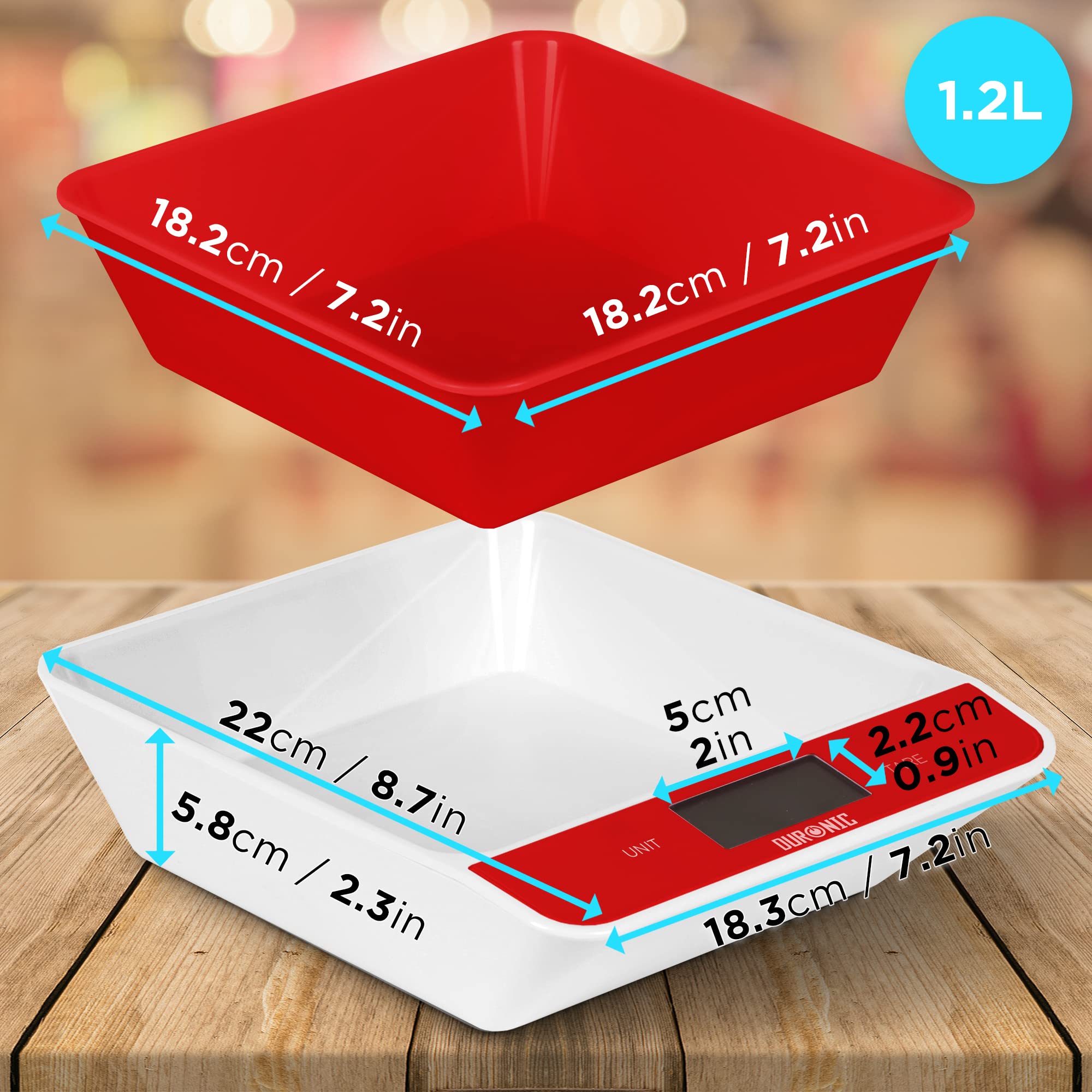 Duronic Kitchen Scales with Bowl KS100 RD for Baking Postal Parcel Weigh | Red Design with 1.2L Bowl | 5kg Capacity | Tare | 1g Precision