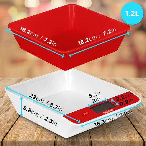 Duronic Digital Kitchen Scales KS100 RD Electronic Kitchen Scale with Bowl Measuring Weighing Scale Red Baking Scale for Cooking Baking Mail Pet Food Measurement Baker Weight Scale, Tare LCD Display