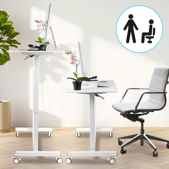 Duronic Sit Stand Desk Top shown in both elevated and lowered positions with office chair.