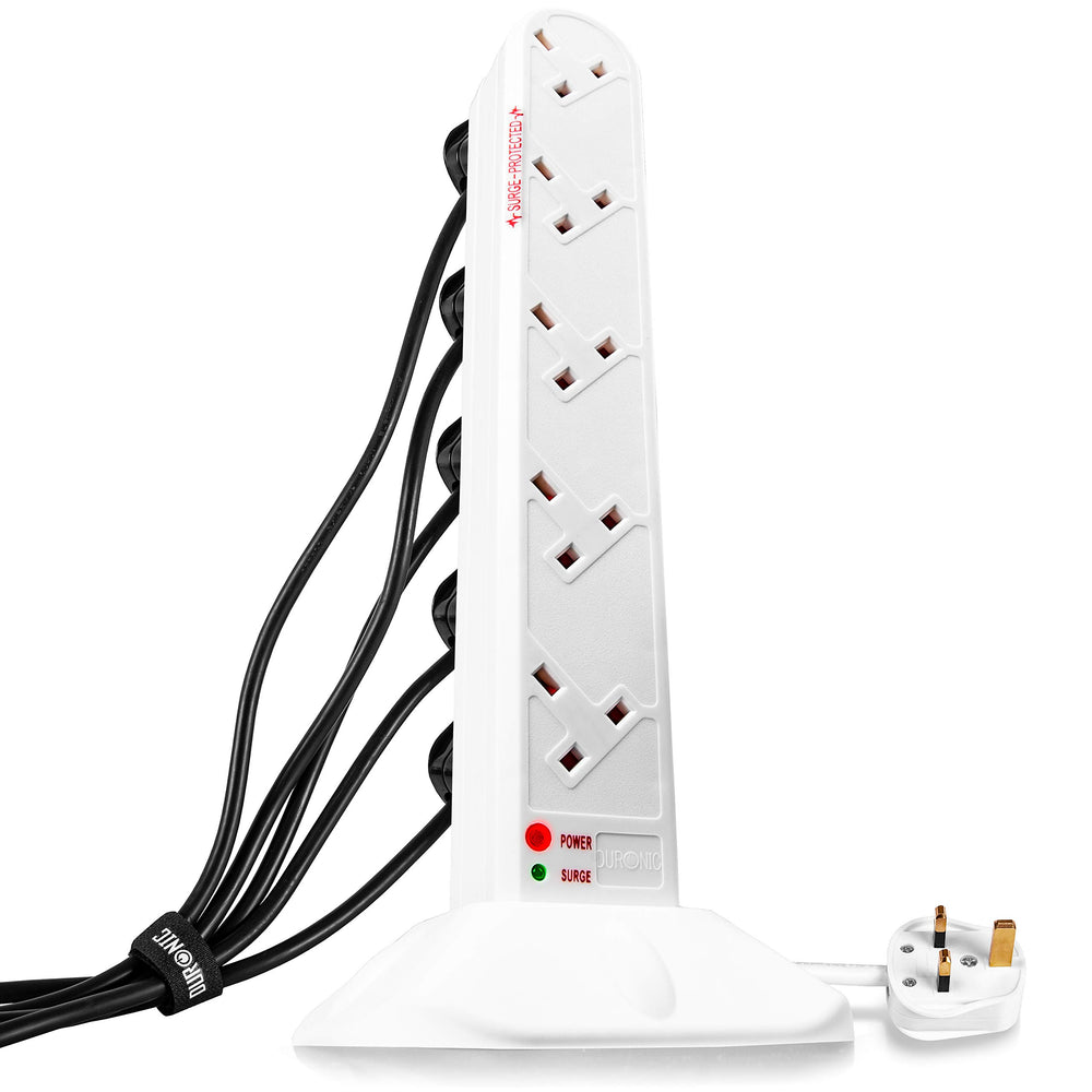 Duronic Extension Lead Tower ST10W Power Strip Cord Adaptor 10 Gang Way | Electric UK Multi Plug Socket Adapter White |Surge & Spike Protector| Max. 3000W Capacity | 1.8 Metre Power Cable