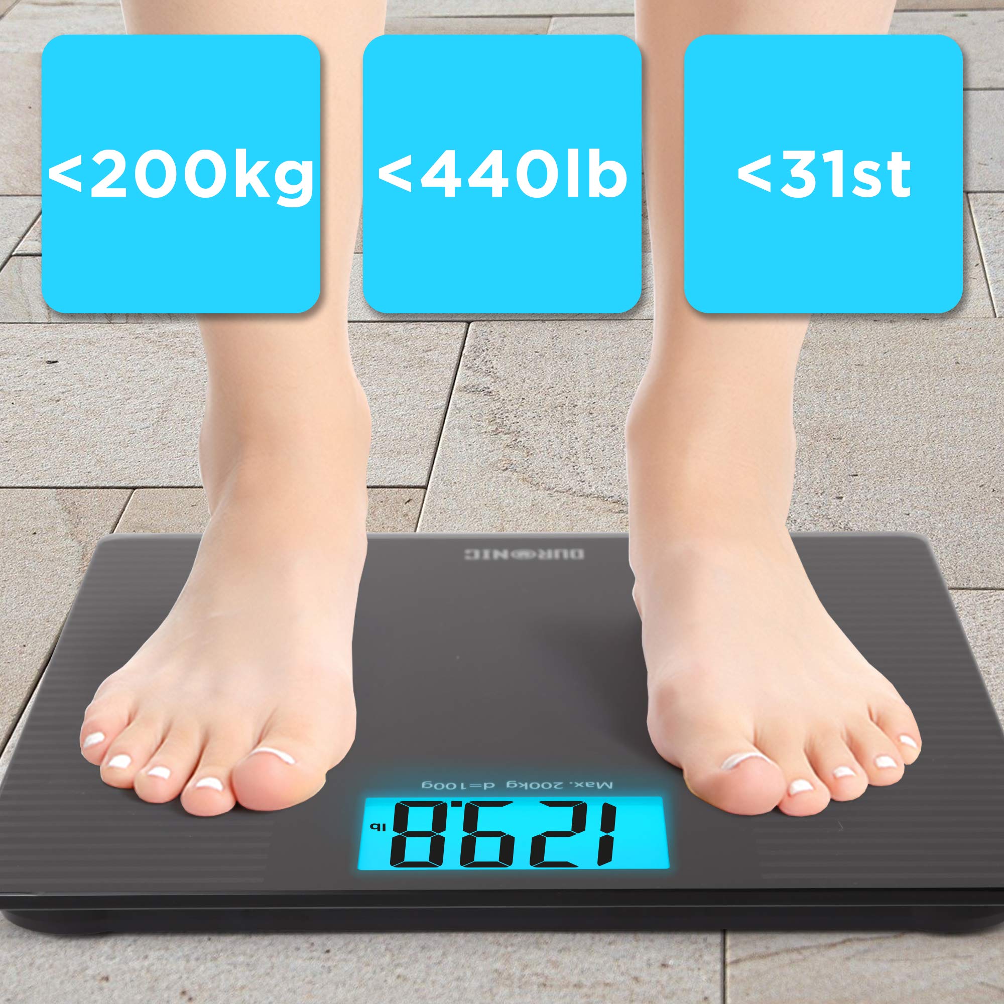 Duronic Body Scales BS203 | Measures Body Weight in Kilograms, Pounds and Stones | Black Non-Slip Design | Step-On Activation Bathroom Scales | Precision Sensors | XL Digital Display | 200kg Capacity