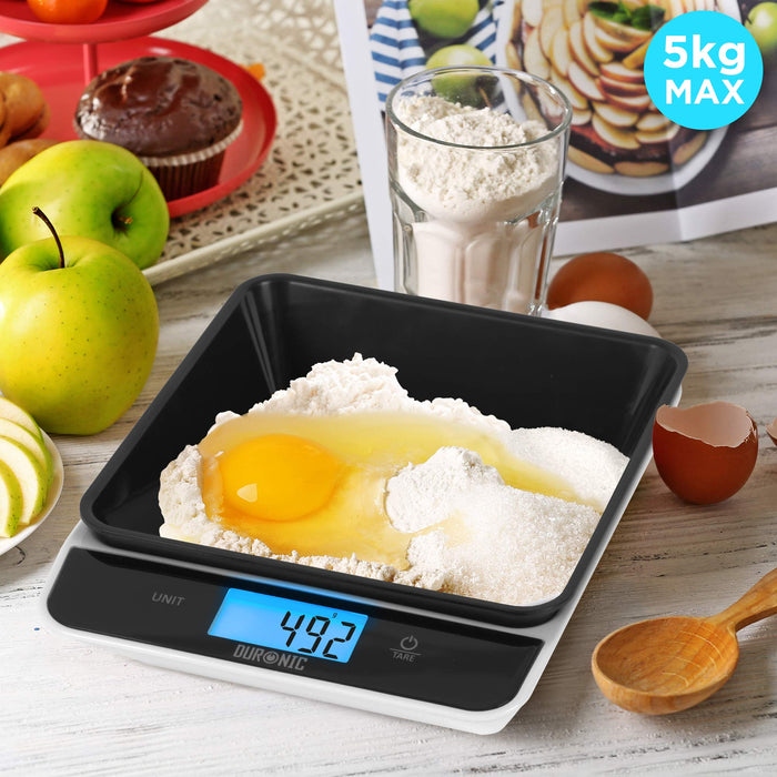 Duronic Digital Kitchen Scales KS100 BK, Black/White Design with 1.2L Bowl, 5kg Capacity, LCD Backlit Display, Add & Weigh Tare, 1g Precision, Measure Ingredients for Cooking & Baking
