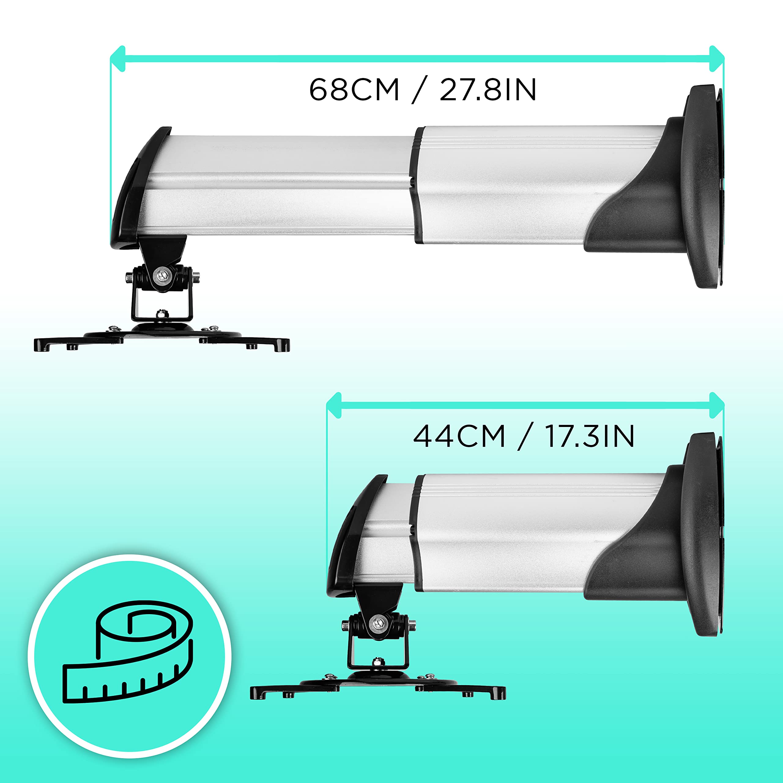 Duronic Projector Mount PB10XM (silver) | Extendable Telescopic Bracket Arm Fixing for Wall | 15kg Capacity | Universal | Heavy Duty | Fittings Included | Rotate 360 °, Swivel 180 °, Tilt 60°