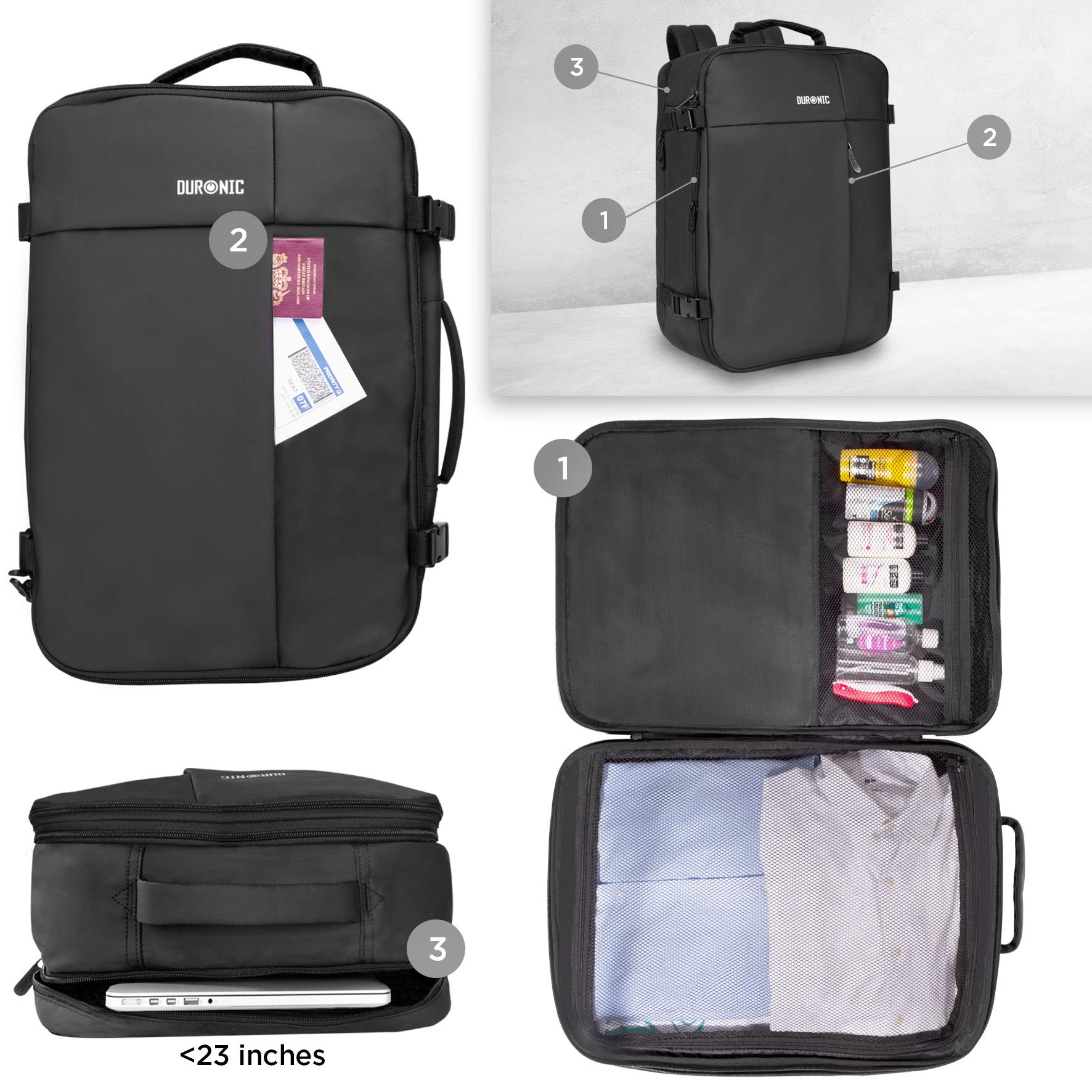 Duronic Cabin Bag LB326 | Max Cabin Size Case | Large Flight Approved Carry On | 14 15 17 Inch Laptop MacBook Sleeve | Multiple Compartments | Luggage Strap for Travel | Water-Resistant Backpack