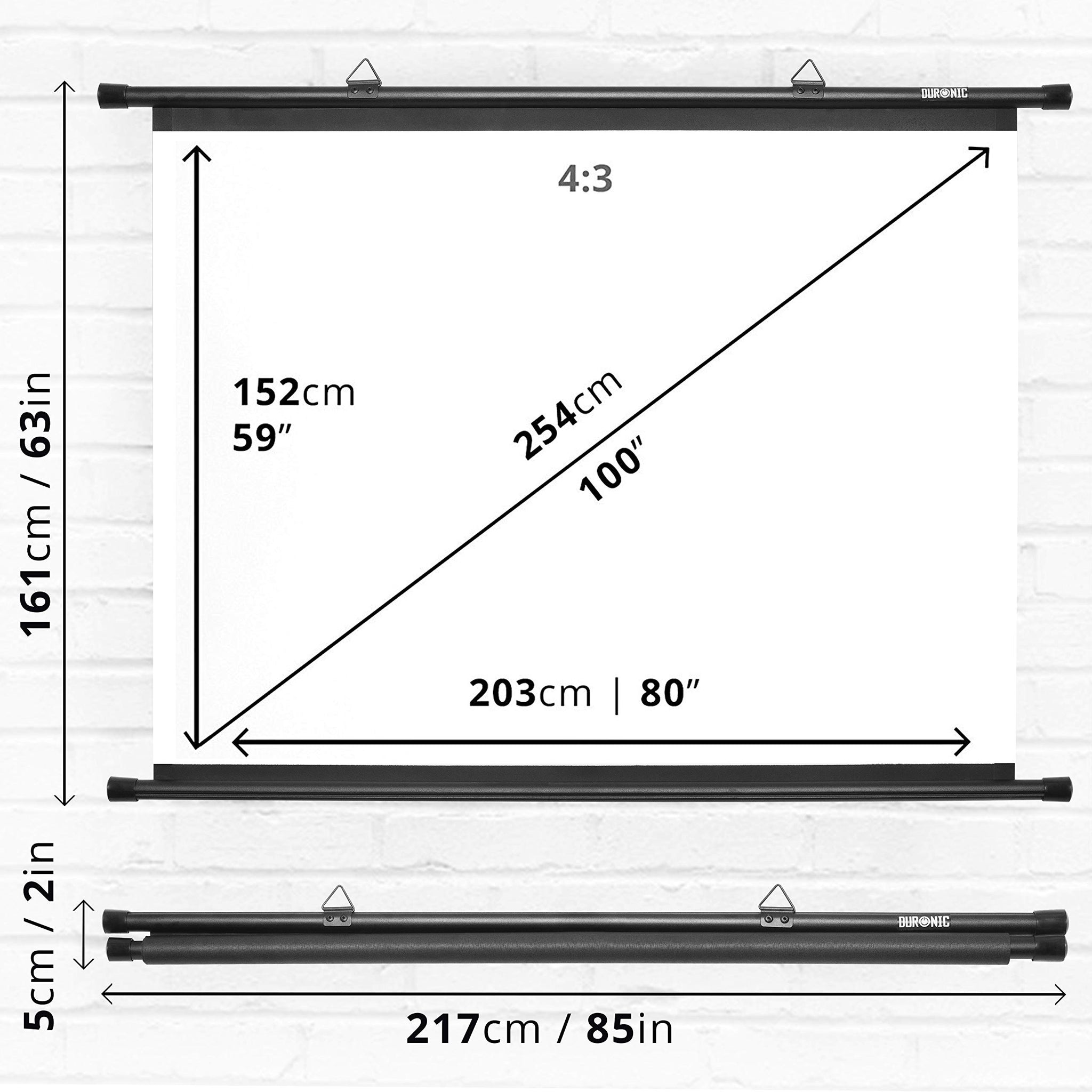 Duronic Projector Screen BPS100/43 Bar Mount 100 Inch White Projection Screens Wall or Ceiling Mountable with Hooks 4:3 for School Office Home Cinema