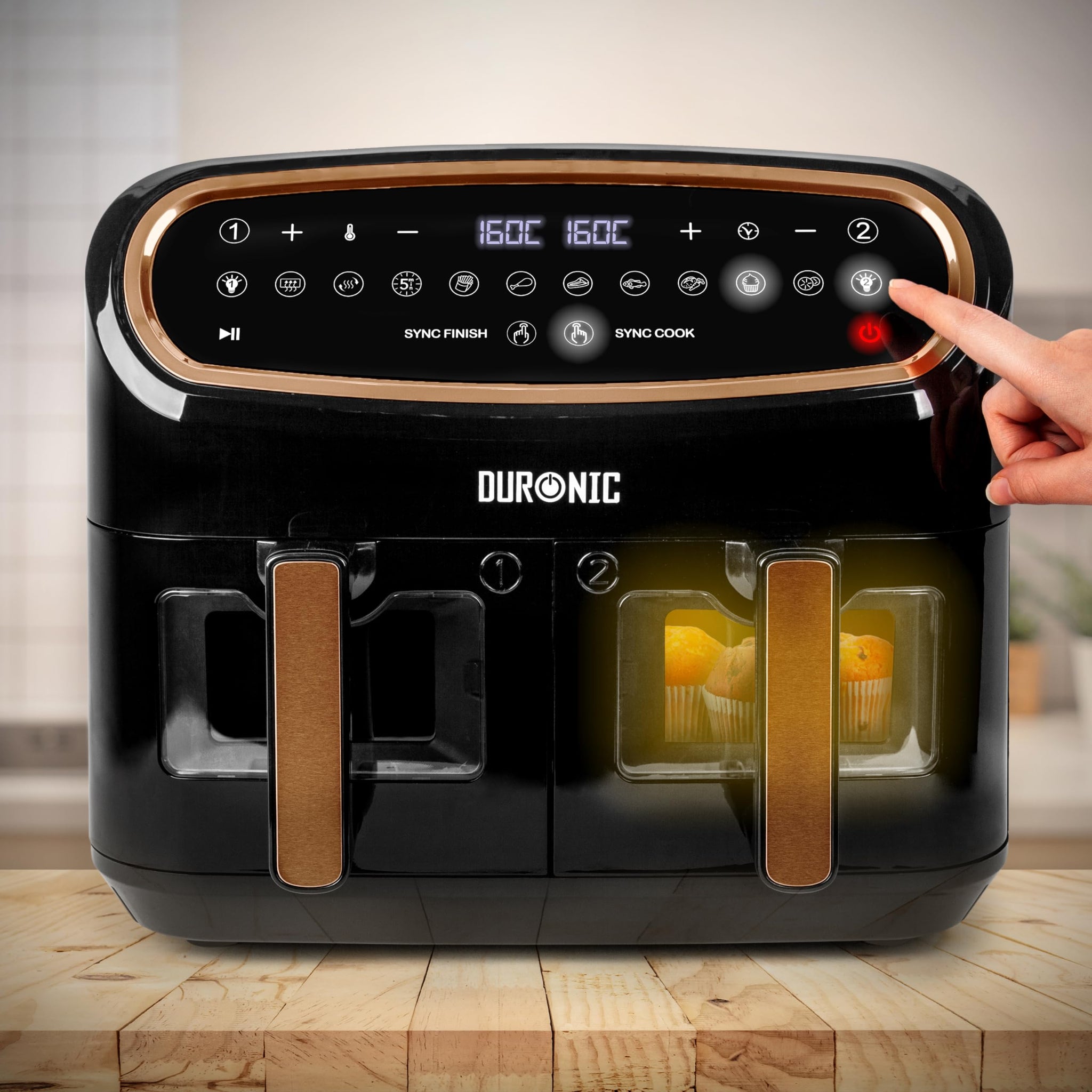 Duronic AF34 BG Triple Drawer 10L Digital Air Fryer with Visual Window, Dual Zone, 10-in-1 Large Drawer AirFryer for Family, Uses No Oil, Air Fry, Roast, Bake, Dishwasher Safe Non-Stick Baskets, Black and Gold