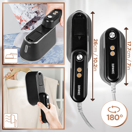 Duronic Steam Irons HS90 BK 1200W Travel Iron Garment Steamers with 90ml Tank, Handheld Vertical Steamer for Travel, Holiday, Quilting, Craft, Crease & Wrinkle Remover, Black
