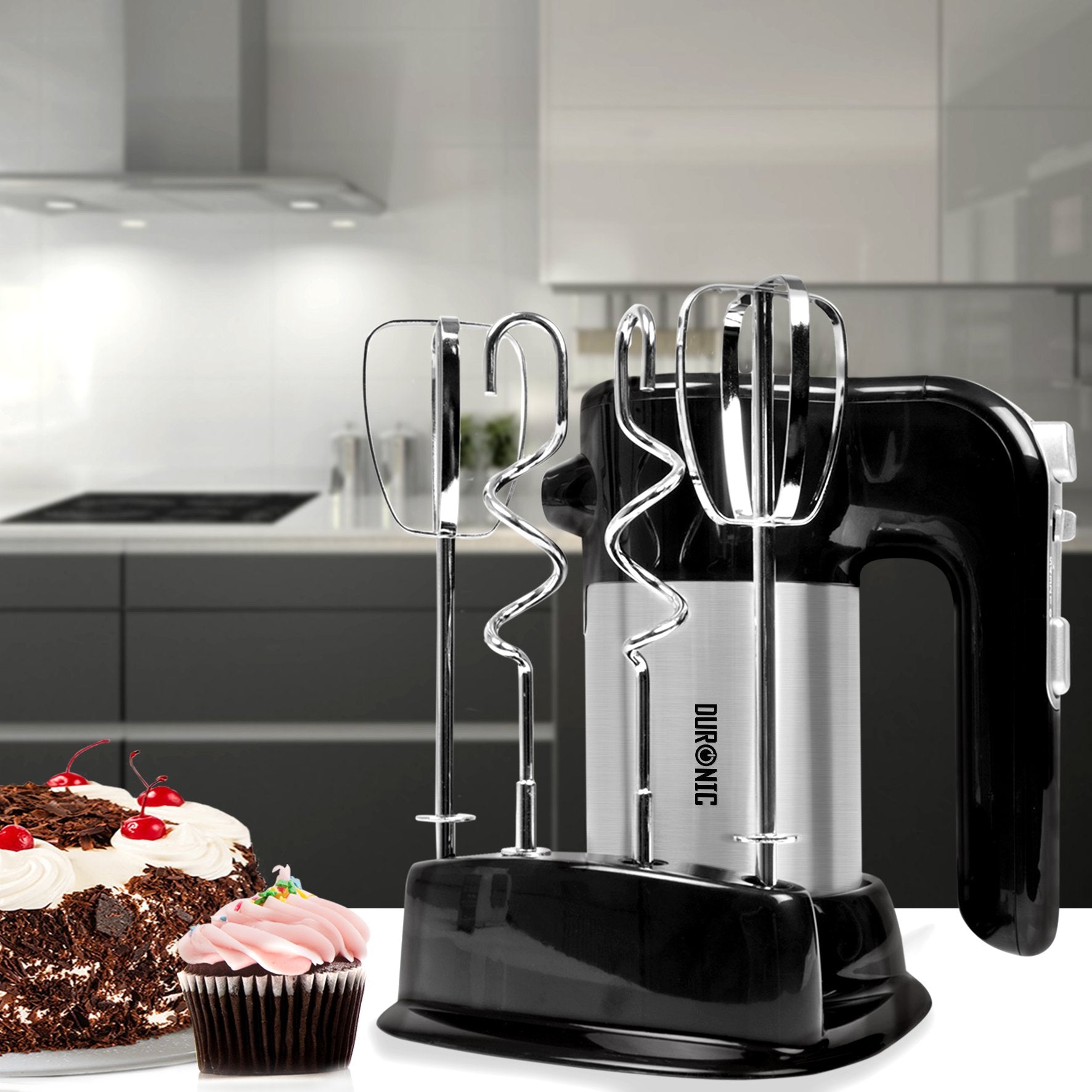 Duronic Electric Hand Mixer HM3 BK Kitchen Handheld Food Mixers for Baking Dough, Bread, Eggs, Cake Mix, Cream, Hand Held Brownie Maker Mixer with 5 Speed Turbo Boost Whisker Hooks Beaters 300W - Black