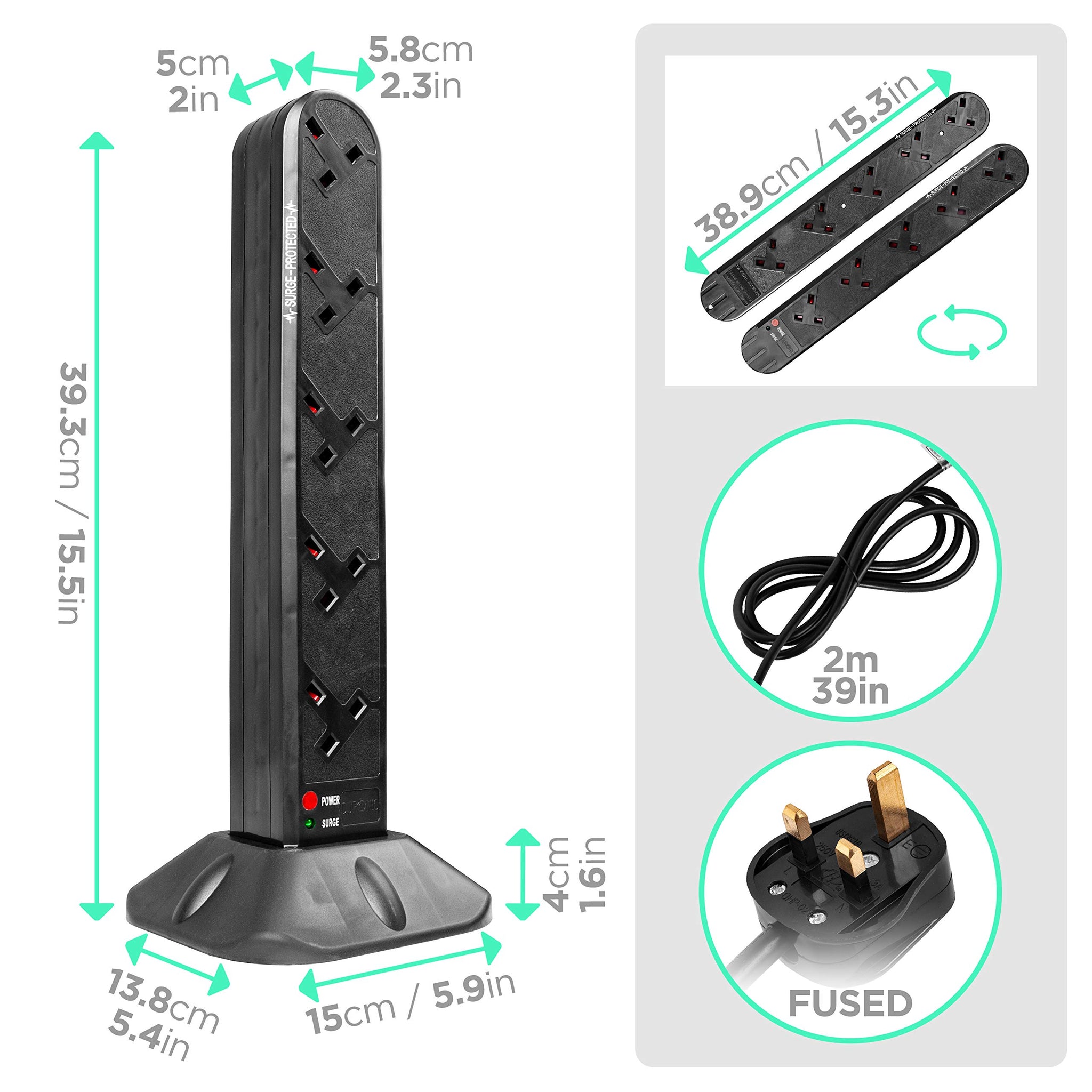 Duronic Extension Lead Tower ST10B Power Strip Cord Adaptor 10 Gang Way | Surge & Spike Protector| Electric UK Multi Plug Socket Adapter | Max. 3000W Capacity | 1.8 Metre Power Cable, Black