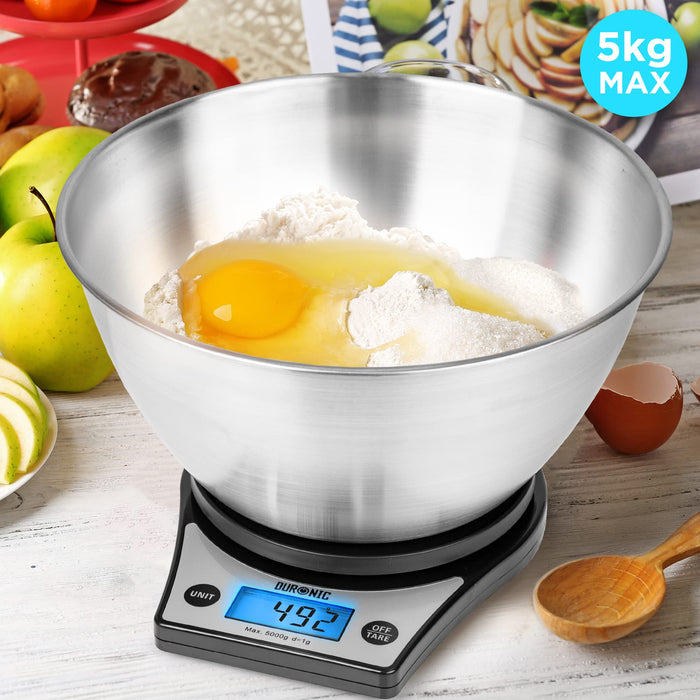 Duronic Digital Kitchen Scales KS6000 BK/SS | Black Design with 2.5L Steel Bowl | 5kg Capacity | LCD Backlit Display | Add & Weigh Tare | 0.1g Precision | Measure Ingredients for Cooking & Baking