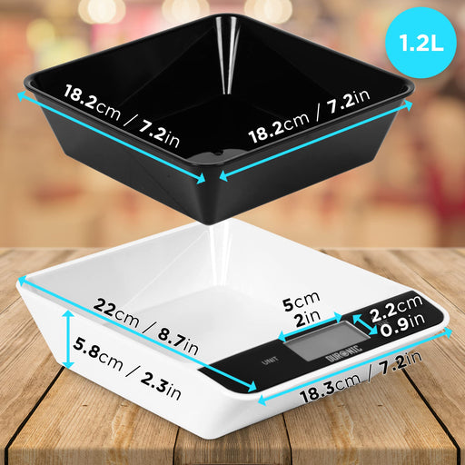 Duronic Digital Kitchen Scales KS100 BK, Black/White Design with 1.2L Bowl, 5kg Capacity, LCD Backlit Display, Add & Weigh Tare, 1g Precision, Measure Ingredients for Cooking & Baking