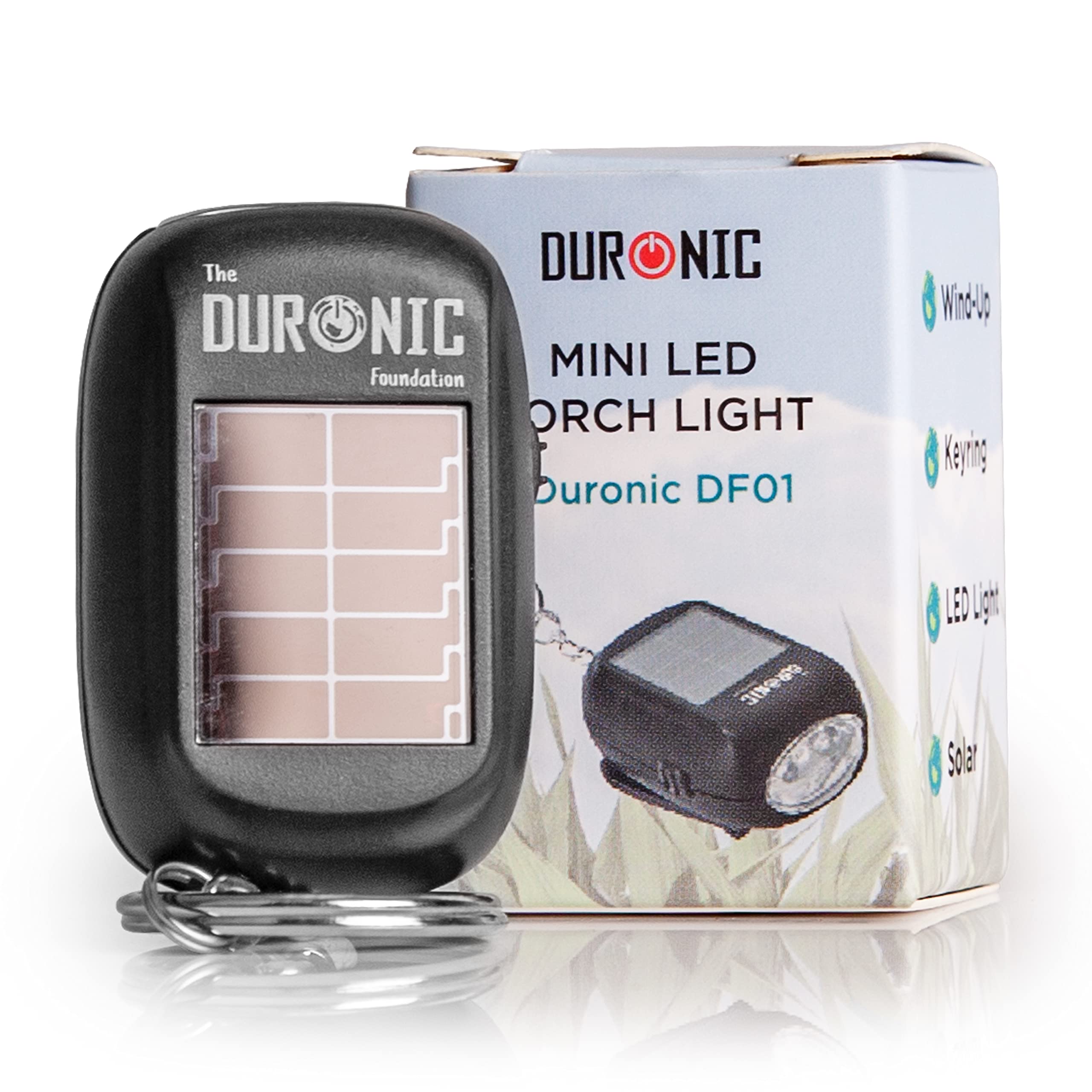 Duronic Keyring LED Torch DF01, Pocket Flashlight, 2-Way Charging - Wind Up and Solar Panel, Eco, Crank Handle Rechargeable, 8 Lumens, Dynamo Keychain Light, No Batteries Needed