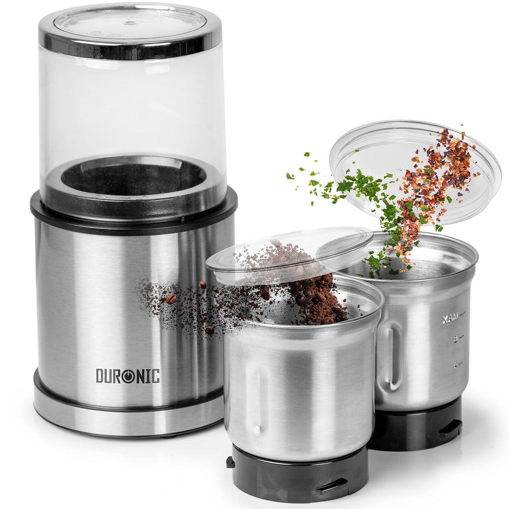 Duronic Electric Blade Coffee Grinder CG421 | 2 in 1 Spice Mill Grinder Kitchen Machine | Wet & Dry Grinding Mini Mill Hopper | 75g/220ml | 200W | 2X Stainless Steel Cups | Beans, Herbs, Nuts…