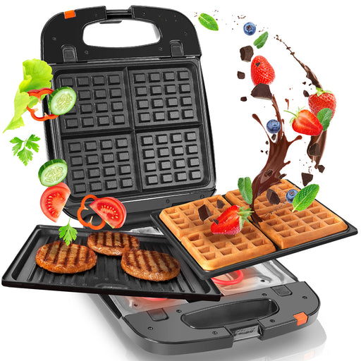 Duronic 2-in-1 Grill Machine GWM60, Panini Hotplates and Waffle Irons, INTERCHANGEABLE PLATES, 1200W, Non-Stick, Automatic Temperature Control, Comes with 2x Grill and 2x Waffle Plates