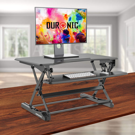 Duronic Sit-Stand Desk DM05D23 | Height Adjustable Office Workstation | 90x57cm Platform | Raises from 15-49cm | Riser for PC Computer Screen, Keyboard, Laptop | Ergonomic Desktop Table Converter