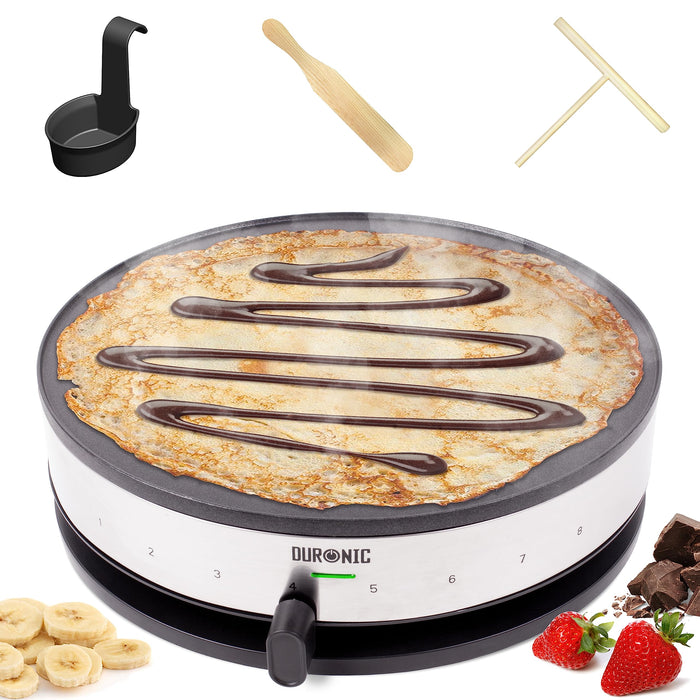 Duronic Crepe Maker PM131 | 33cm Electric Pancake Machine | 1300W | Cook Traditional French Crêpes and Galettes | Large 13” Non-Stick Hot Plate | Adjustable Temperature | Includes Crêperie Utensils