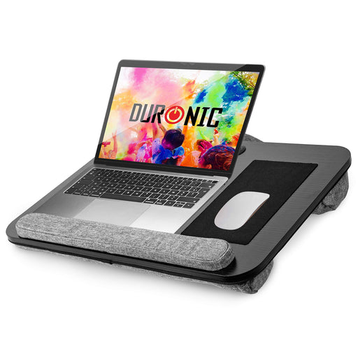 Duronic Laptop Tray with Cushion DML433 | Ergonomic Lap Desk for Bed, Sofa, Car | Built-in Mouse Pad, Wrist Pad and Tablet Holder | Black/Grey | Portable Design with Carry Handle| For Home/Office