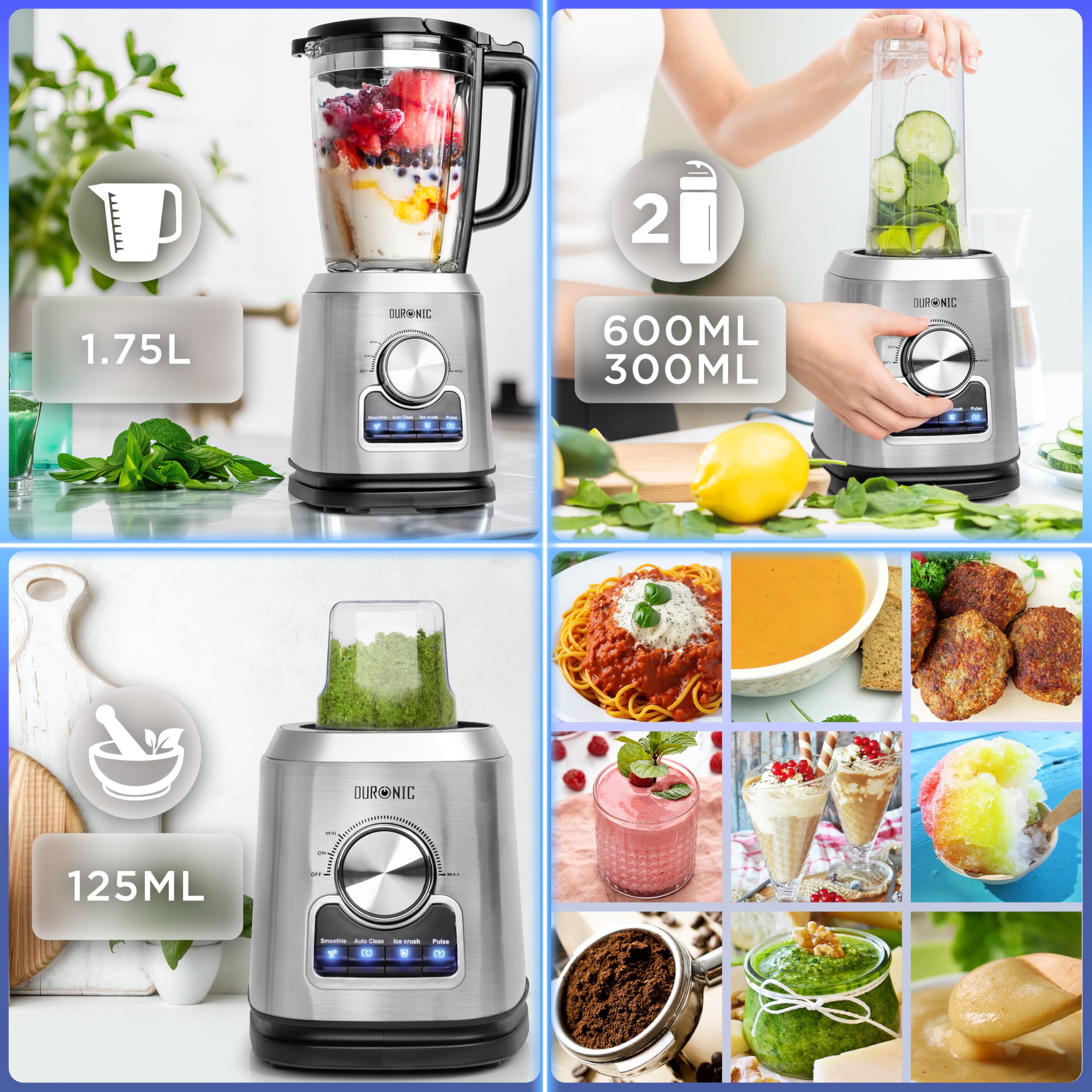 Duronic Jug Blender BL114 with Grinder 1.75L Glass Table Jug, 1400W Stainless Steel Mini Blender with 6 sided Blades, with Pre-Set Functions, Ideal for Baby food, Soups and Protein Shakes