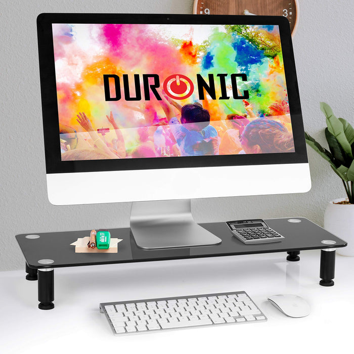 Duronic Monitor Stand Riser DM052-4 | Laptop and Screen Stand for Desktop | Black Tempered Glass | Support for a TV or PC Computer Monitor | Ergonomic Office Desk Shelf | 20kg Capacity | 70cm x 24cm
