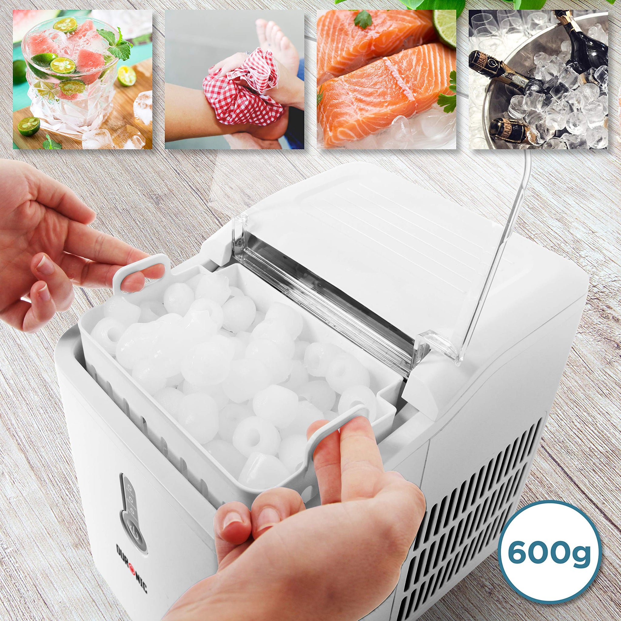 Duronic Ice Maker ICM120, Fast Clear Ice Maker Machine with 7-Min Cycle, Portable Automatic Ice Cube Maker with Ice Scoop & Basket for Home, Office, Bar, BBQ Party, RV 12KG in 24H Self-Cleaning - White