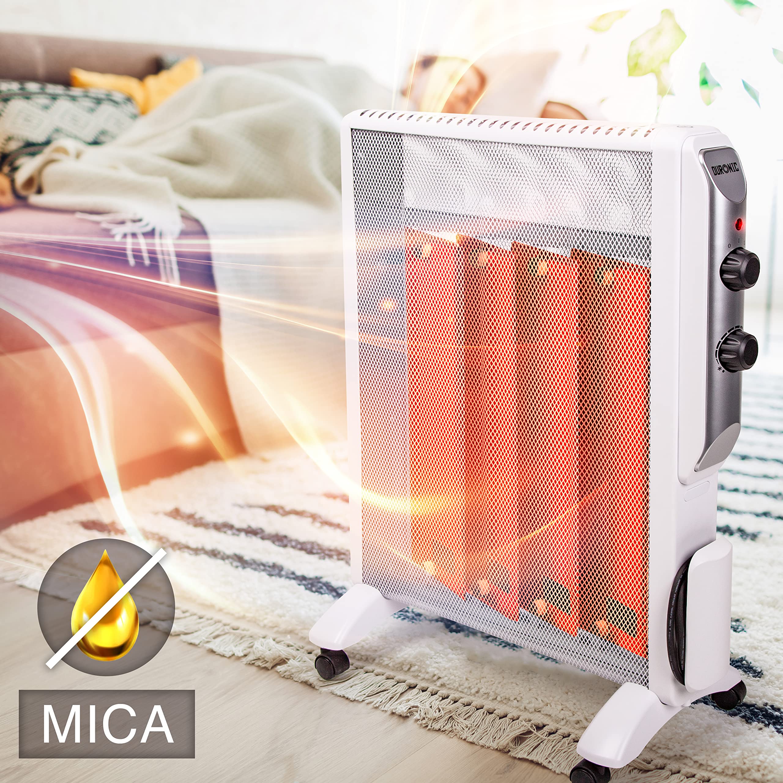Duronic Electric Heater HV220 WE with Mica Panels, 2000W / 2kW, Radiant Micathermic Heater, Convector Heater with Thermostat, 2 Heat Settings, Oil Free Heater - White