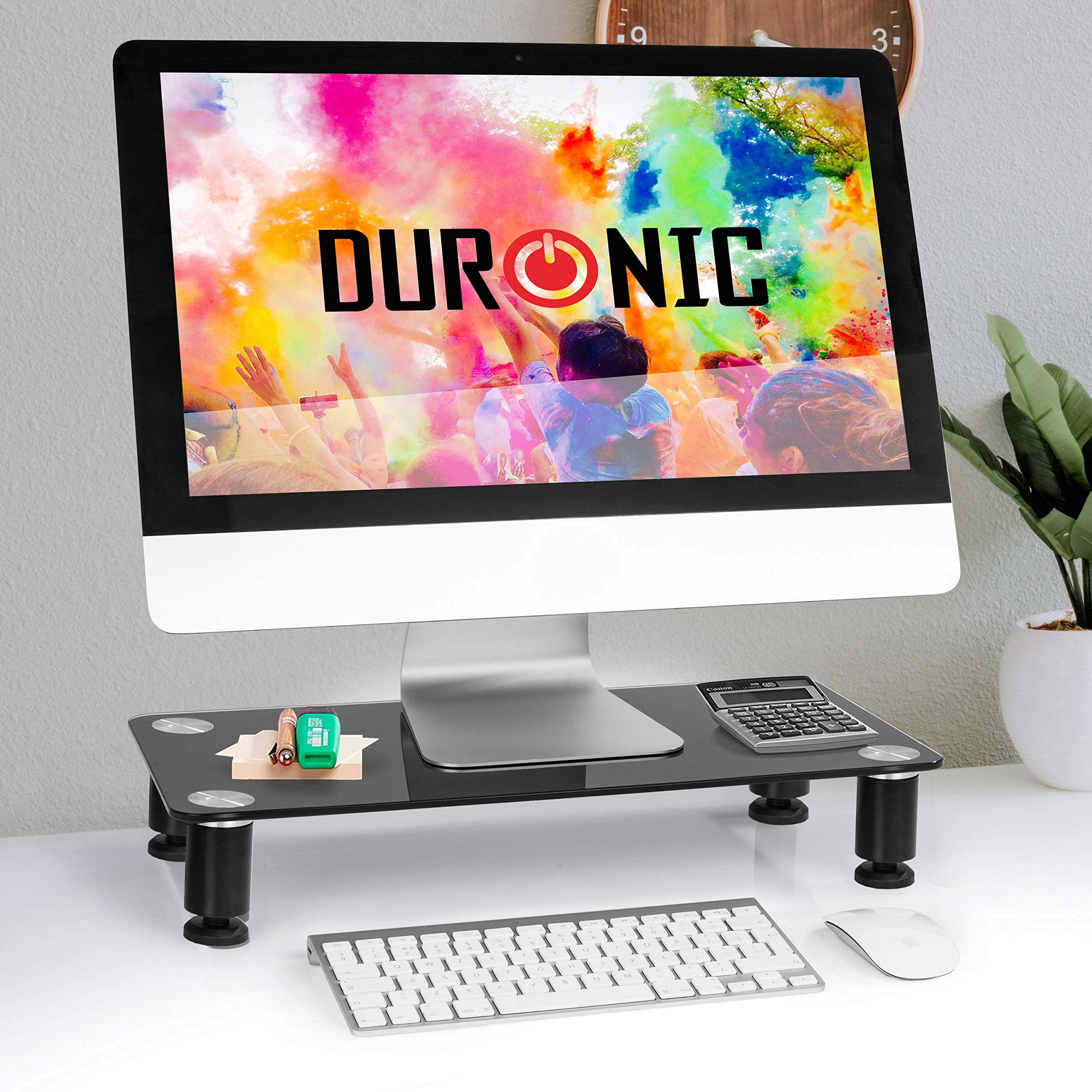 Duronic Monitor Stand Riser DM051 | Laptop and Screen Stand for Desktop | Black Tempered Glass | Support for a TV or PC Computer Monitor | Ergonomic Office Desk Shelf | 40kg Capacity | 63x25cm